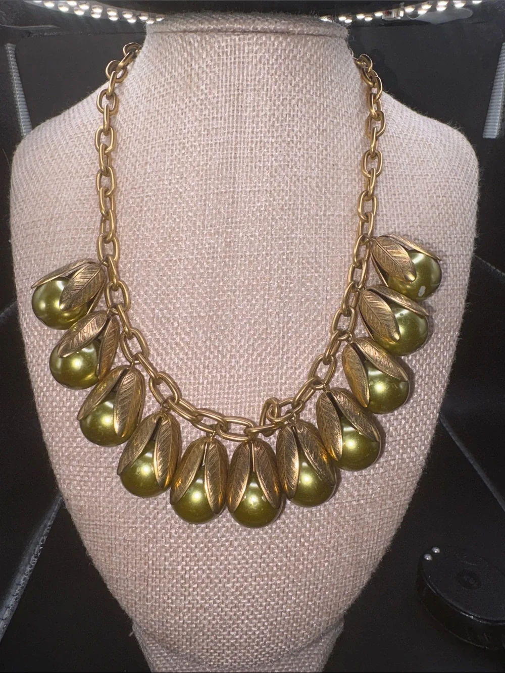 Lenora Dame Olive Green Pearl Leaf Statement Necklace Gold Tone Retired